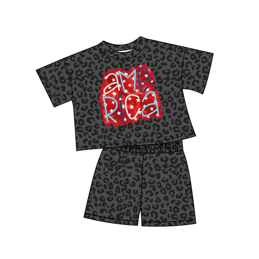 preorder GSSO2576 4th of July American Star Black Leopard Short Sleeve Shorts Sets Girls Boutique Outfits 202504