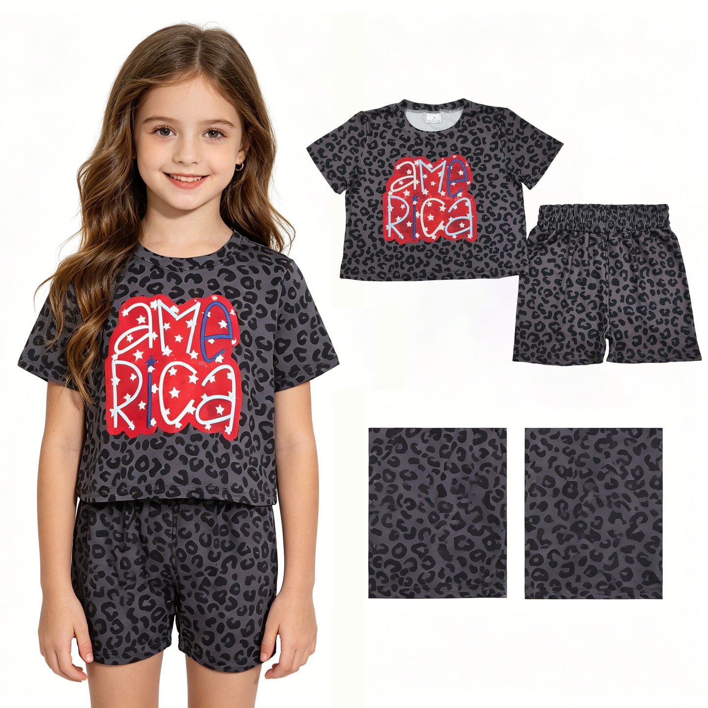 GSSO2576 4th of July American Star Black Leopard Short Sleeve Shorts Sets Girls Boutique Outfits 202604 RTS