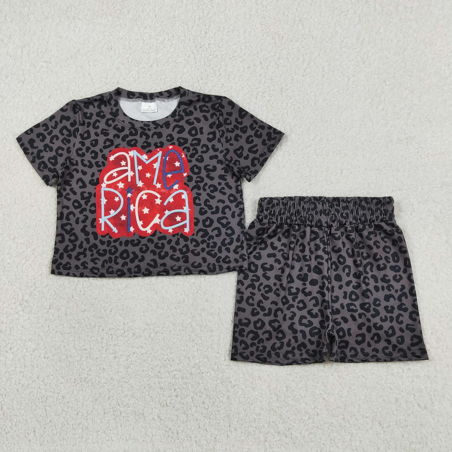 GSSO2576 4th of July American Star Black Leopard Short Sleeve Shorts Sets Girls Boutique Outfits 202604 RTS
