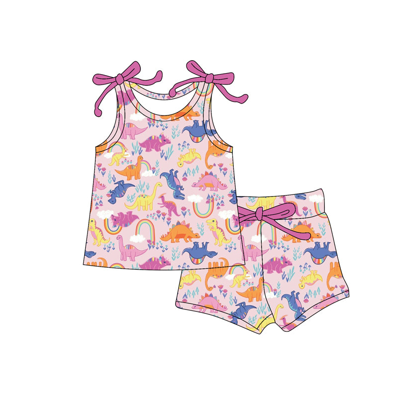preorder GSSO2580 Dinosaur Rainbow Purple Pink Sleeveless Shorts Sets Girls Boutique Outfits 202504