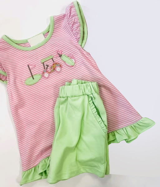 preorder GSSO2583 Golf Pink Green Stripe Ruffle Fly Sleeve Shorts Sets Girls Boutique Outfits 202504