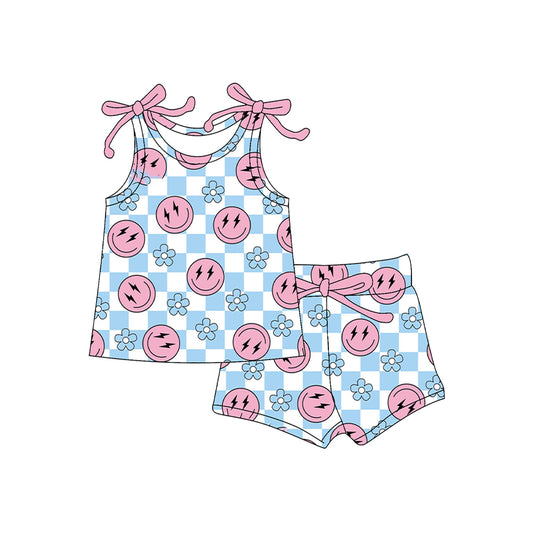 preorder GSSO2585 Pink Blue Plaid Flower Smile Face Lightning Sleeveless Shorts Sets Girls Boutique Outfit 202504