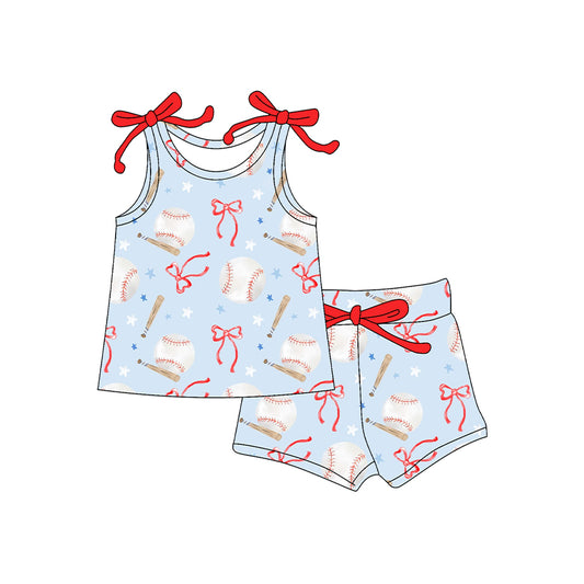 preorder GSSO2586 Pink Blue Baseball Bows Sleeveless Shorts Sets Girls Boutique Outfit 202504