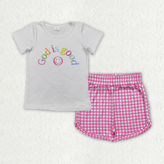 preorder GSSO2594 God is Good Smile Face White Short Sleeve Pink Plaid Shorts Sets Girls Boutique Outfits 202504