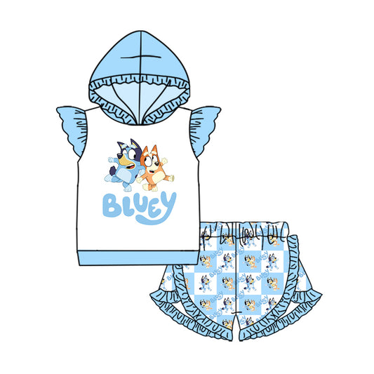 preorder GSSO2595 Cartoon Bluey Blue Hoodie Ruffle Flying Sleeve Shorts Sets Girls Boutique Outfits 202504