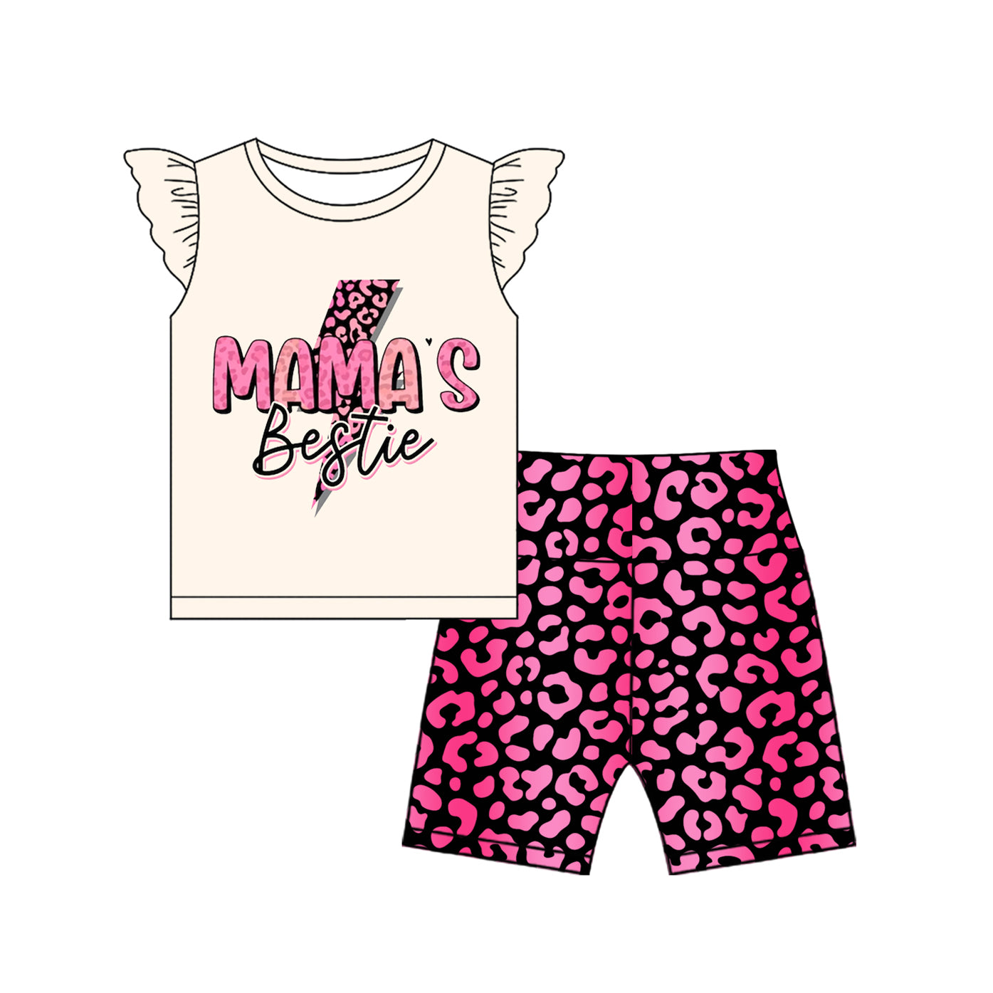 preorder GSSO2596 Mama's Bestie Beige Flying Sleeve Red Black Leopard Shorts Sets Girls Boutique Outfits 202504