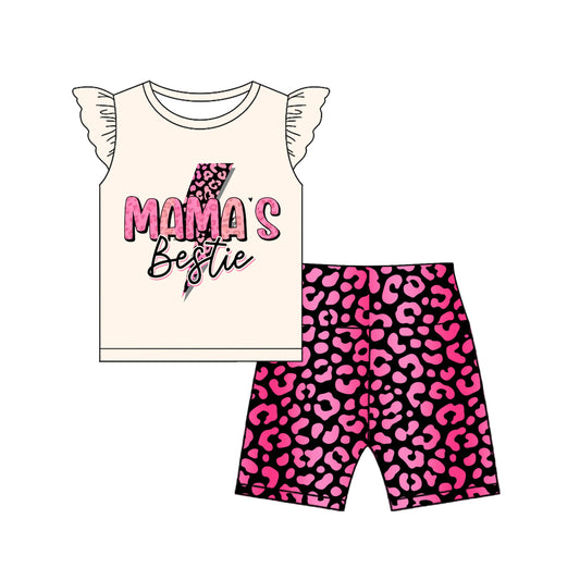 preorder GSSO2596 Mama's Bestie Beige Flying Sleeve Red Black Leopard Shorts Sets Girls Boutique Outfits 202504