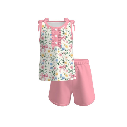 preorder GSSO2600 Floral White Pink Sleeveless Shorts Sets Girls Boutique Outfits 202504