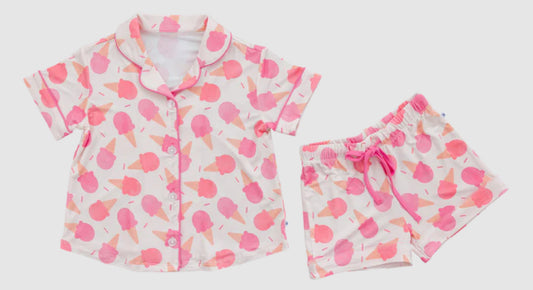preorder GSSO2602 Ice Cream Pink Button Polo Short Sleeve Shorts Pajamas Sets Girls Boutique Outfits 202504