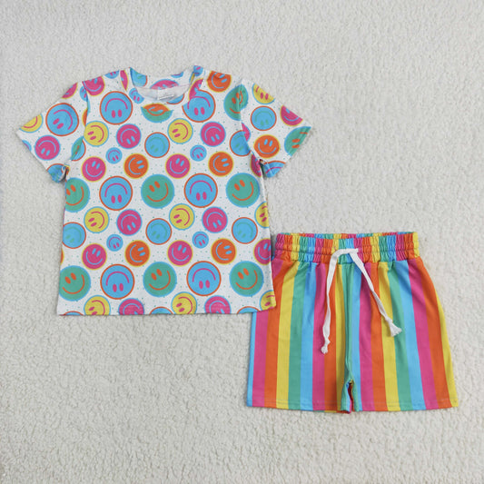 GSSO2609 Colored Smile Face Stripe Short Sleeve Shorts Sets Girls Boutique Outfits 202505 RTS