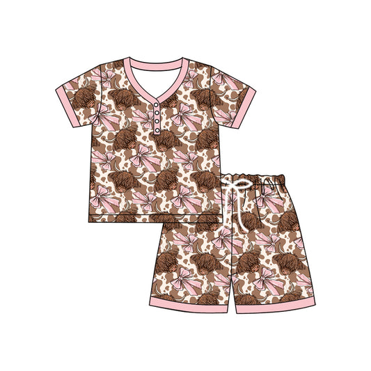 preorder GSSO2610 Women Cow Bows Leopard Pink Short Sleeve Shorts Pajamas Set Boutique Outfit 202504