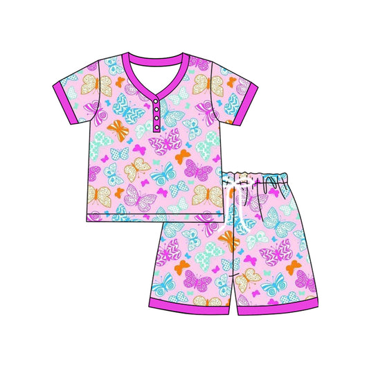 preorder GSSO2616 Colored Butterfly Rose Red Short Sleeve Shorts Pajamas Sets   Adult Women Boutique Outfit 202504