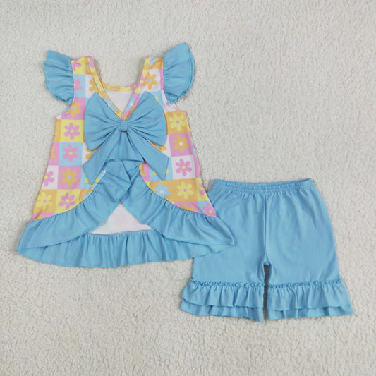 GSSO2623 Colored Flower Plaid Bows Light Blue Ruffle Flying Sleeve Shorts Sets Girls Boutique Outfits 202505 RTS