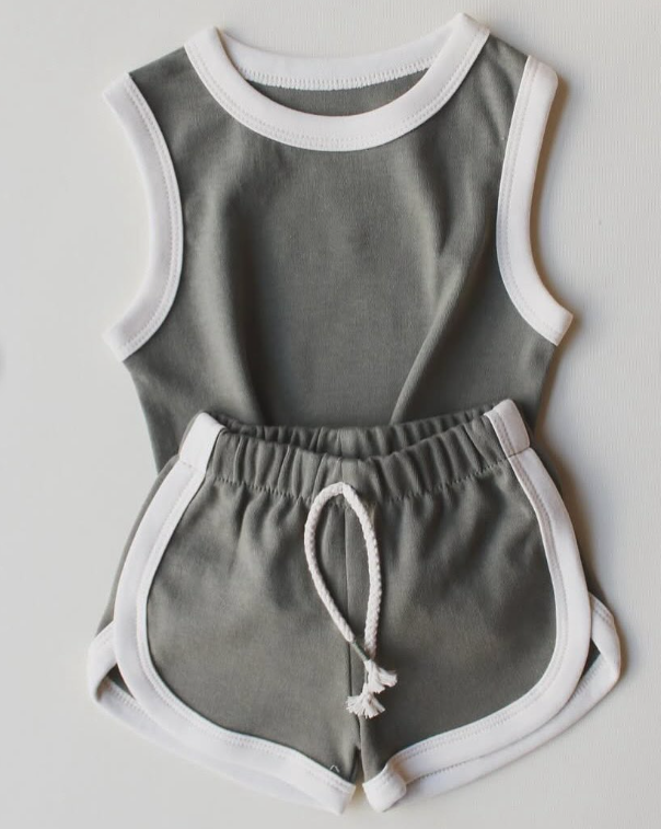 preorder GSSO2626 Pure Grey Green Cotton Sleeveless Shorts Sets Girls Boutique Outfit 202504