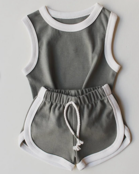 preorder GSSO2626 Pure Grey Green Cotton Sleeveless Shorts Sets Girls Boutique Outfit 202504