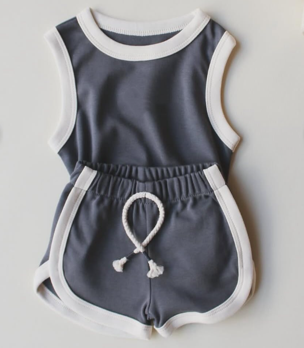 preorder GSSO2627 Pure Grey Blue Cotton Sleeveless Shorts Sets Girls Boutique Outfit 202504