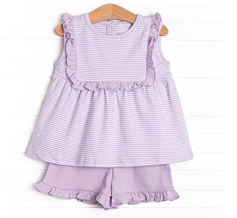 preorder GSSO2631 Purple Stripe Ruffle Sleeveless Shorts Sets Girls Boutique Outfit 202504