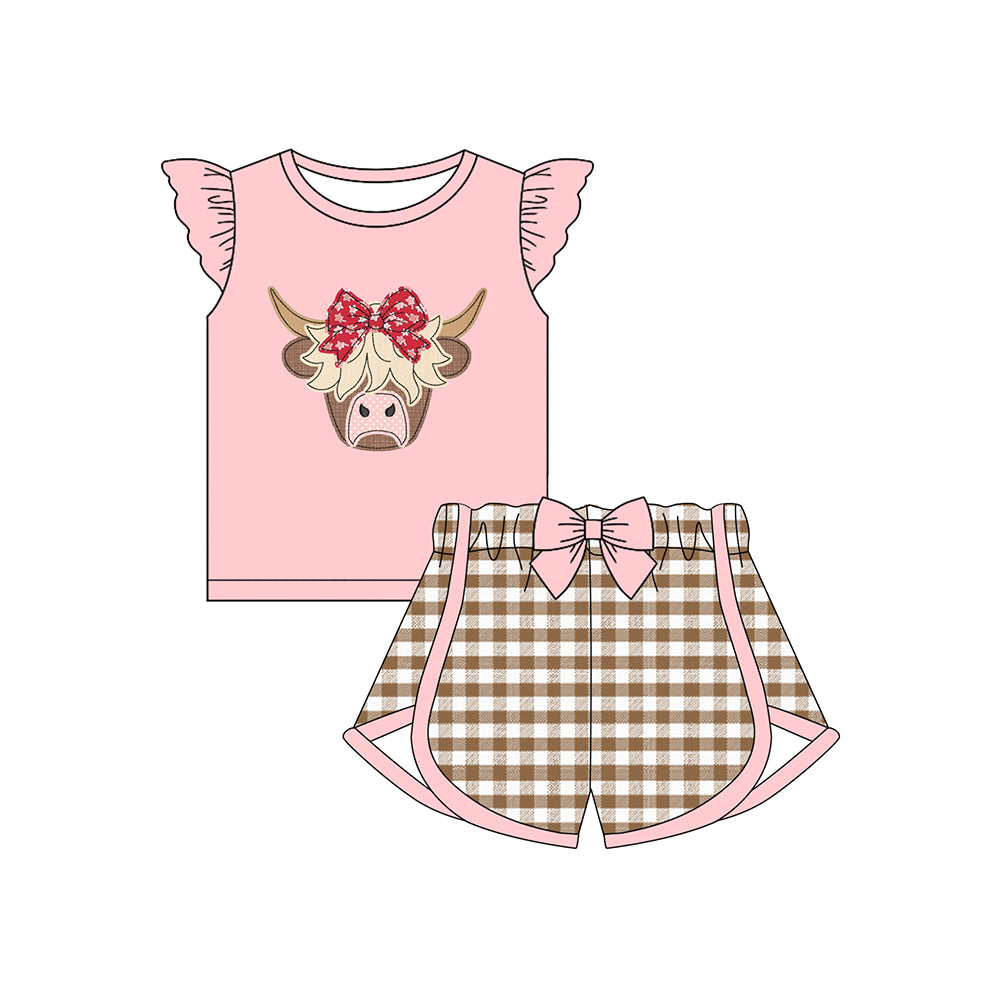 preorder GSSO2640 Bow Alpine Bull Head Pink Flying Sleeve Plaid Shorts Sets Girls Boutique Outfits 202505