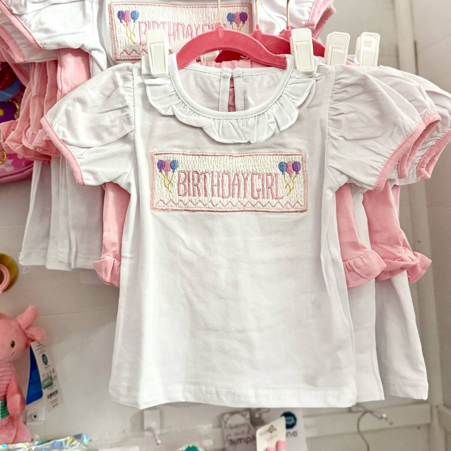 Preorder GSSO2646 Birthday Girl Balloon Ruffle White Short Sleeve Pink Shorts Set Girls Boutique Outfit  202505