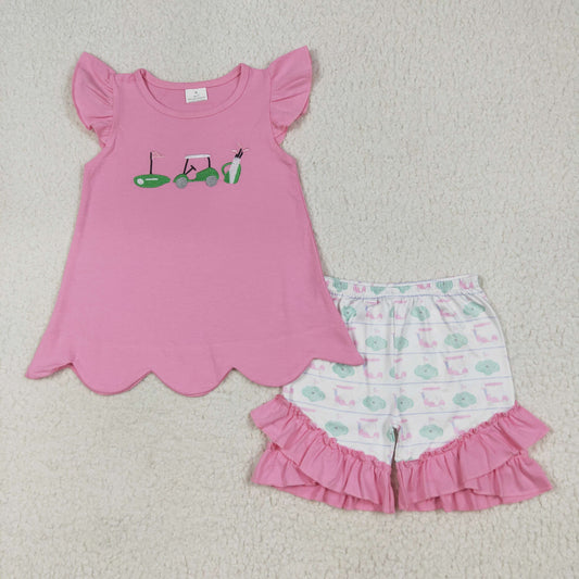 GSSO2660 Embroidered Golf Pink Flying Sleeve Ruffle Shorts Sets Girls Boutique Outfit  202507 RTS
