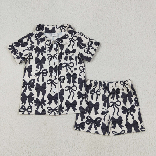 GSSO2663 Black Bows Polo Short Sleeve Shorts Pajamas Set Girls Boutique Outfit  202506 RTS