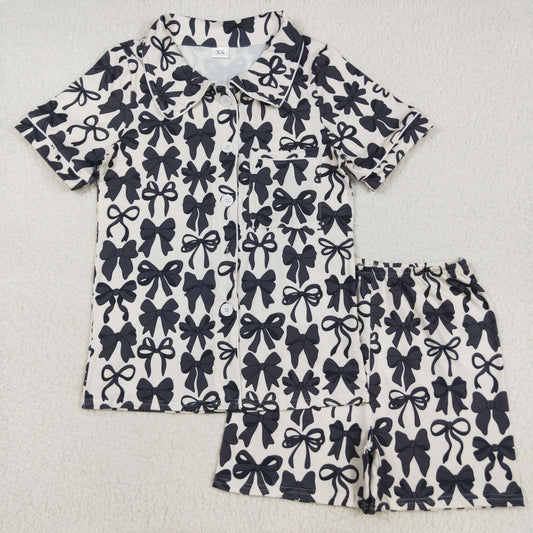 GSSO2664 Bows Black Polo Button Short Sleeve Shorts Pajamas Sets  Adult Women Boutique Outfit 202507 RTS