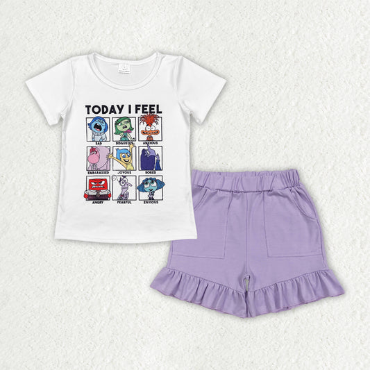 GSSO2665 Cartoon White Short Sleeve Purple Ruffle Shorts Sets Girls Boutique Outfits 202506 RTS