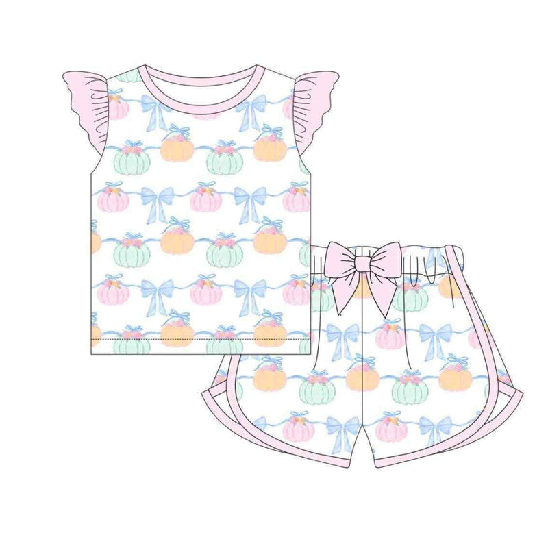 Preorder GSSO2669 Pumpkin Flower Bows Pink Flying Sleeve Shorts Sets Girls Boutique Outfit  202506