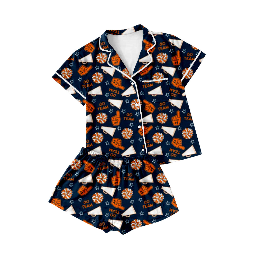 Preorder GSSO2677 Go Team Navy Blue Orange Polo Short Sleeve Shorts Pajamas Sets Girls Boutique Outfit  202506