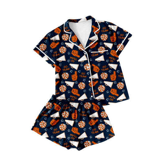 Preorder GSSO2677 Go Team Navy Blue Orange Polo Short Sleeve Shorts Pajamas Sets Girls Boutique Outfit  202506