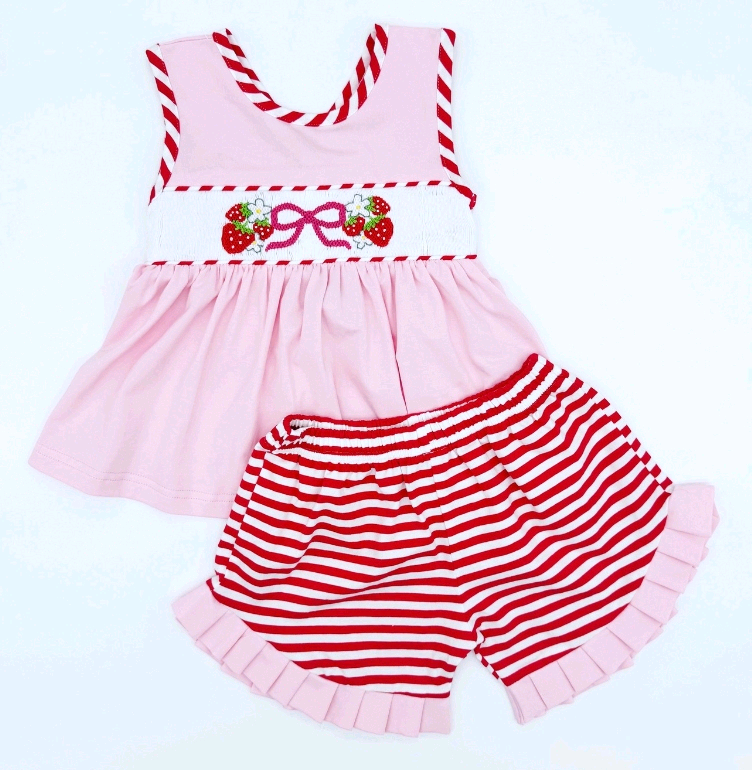Preorder GSSO2679 Girls Boutique Strawberry Bows Stripe Red Sleeveless Shorts Sets Girls Boutique Outfit  202506