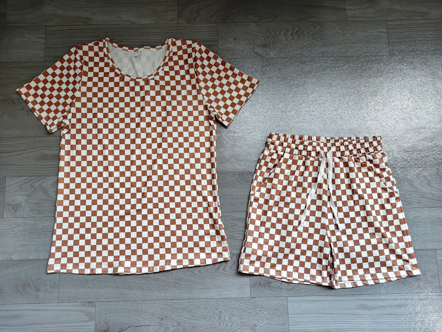 NO MOQ preorder GSSO2680 Brown Plaid Short Sleeve Shorts Pajamas Sets  Adult Women Boutique Outfit 202607