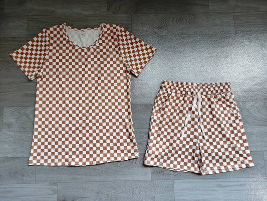 NO MOQ preorder GSSO2680 Brown Plaid Short Sleeve Shorts Pajamas Sets  Adult Women Boutique Outfit 202607