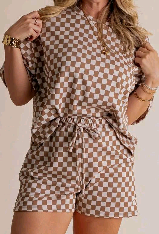 preorder GSSO2680 Brown Plaid Short Sleeve Shorts Pajamas Sets  Adult Women Boutique Outfit 202506