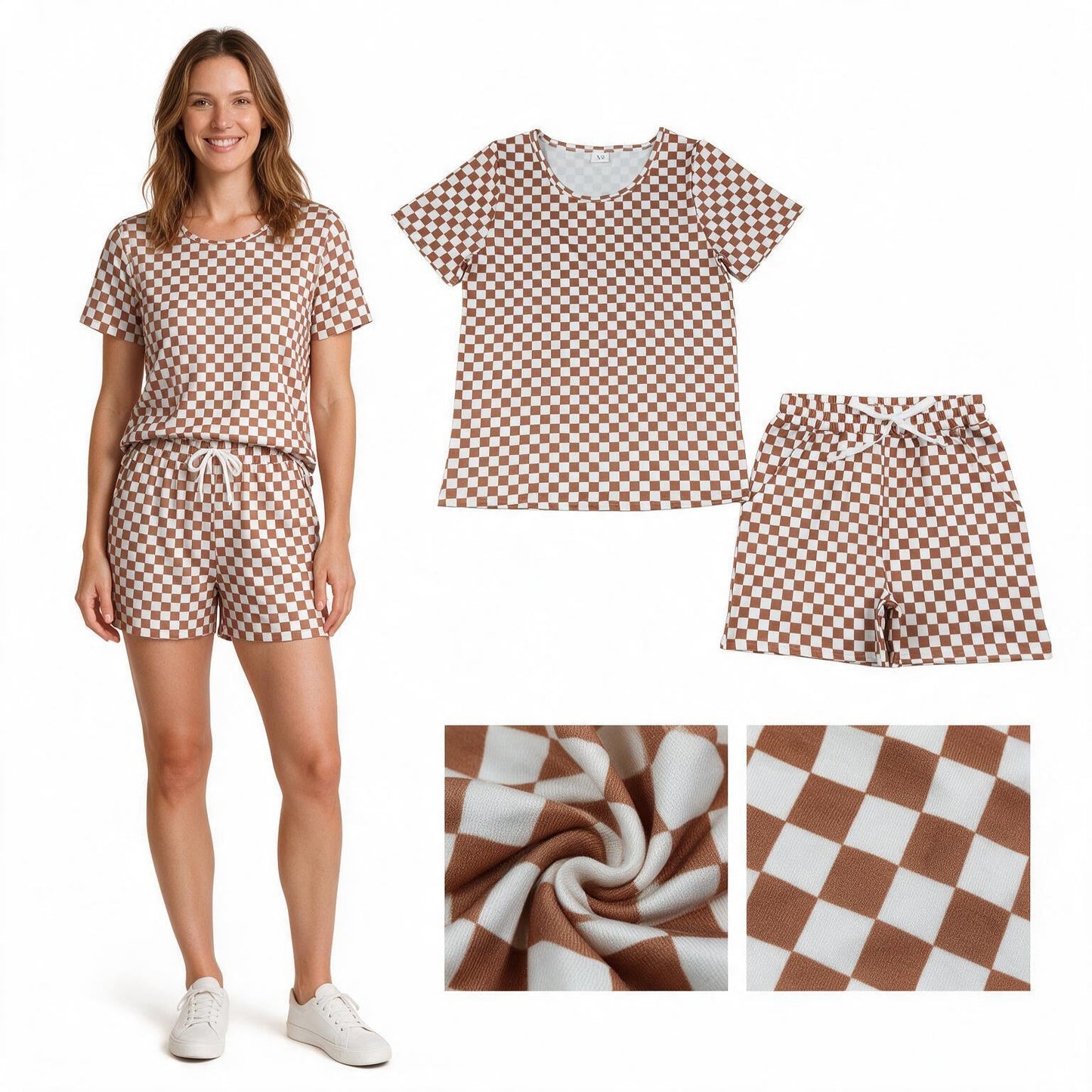 GSSO2680  RTS adult pajamas brown gingham adult women summer set
