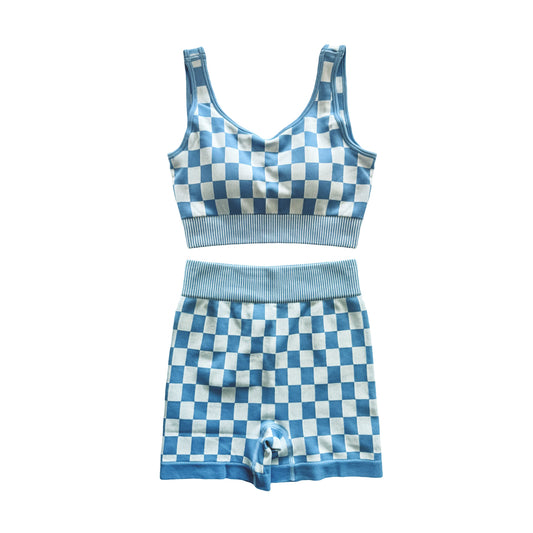 preorder GSSO2690 Adult Women Blue Plaid Sleeveless Shorts Sets  202506