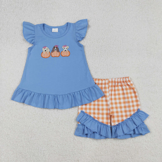GSSO2700 Embroidered Girls Boutique Puppy Pumpkin Blue Flying Sleeve Shorts Sets 202509 RTS Sibling