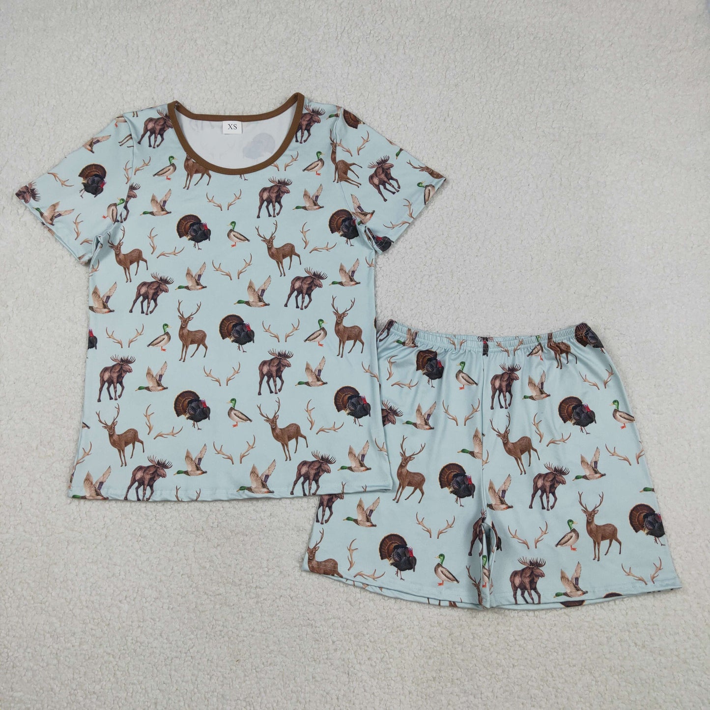 GSSO2711 Adult Female Boutique Duck, Elk, Turkey, Blue Brown Short Sleeve Shorts Pajama  Set 202511 RTS