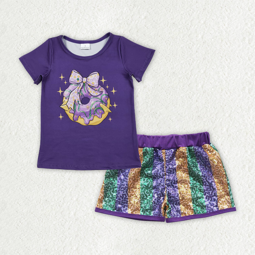 GSSO2712 Mardi Gras Bows Donut Purple Short Sleeve Yellow Green Purple Sequin Shorts Girls Sets 202510 RTS