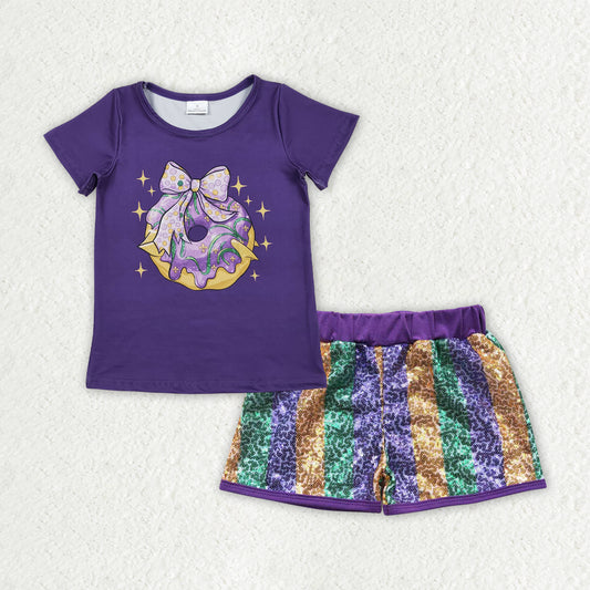 GSSO2712 Mardi Gras Bows Donut Purple Short Sleeve Yellow Green Purple Sequin Shorts Girls Sets 202510 RTS