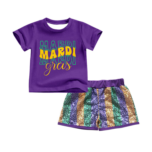MOQ 8 Preorder GSSO2713 Mardi Gras Letter Purple Short Sleeves Sequin Shorts Girls Sets 202509