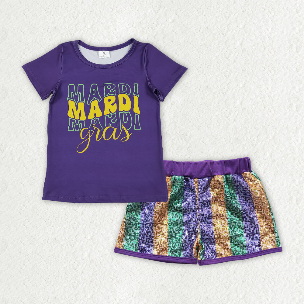 GSSO2713 Mardi Gras Letter Purple Short Sleeve Yellow Green Purple Sequin Shorts Girls Sets 202510 RTS