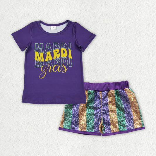 GSSO2713 Mardi Gras Letter Purple Short Sleeve Yellow Green Purple Sequin Shorts Girls Sets 202510 RTS