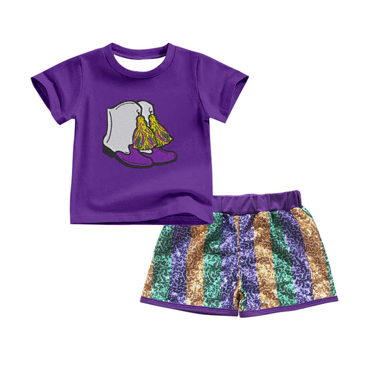 MOQ 8 Preorder GSSO2714 Mardi Gras Boots Purple Short Sleeves Sequin Shorts Girls Sets 202509
