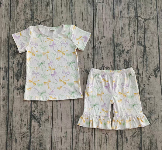 NO MOQ preorder GSSO2717 Mardi Gras Bows Short Sleeve Shorts Girls Set 202510