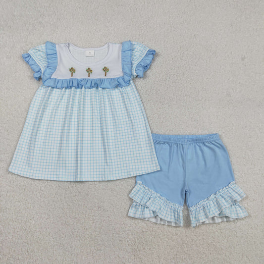 GSSO2718 Embroidered Easter Cross Blue Ruffle Plaid Short Sleeve Shorts Girls Set 202512 RTS