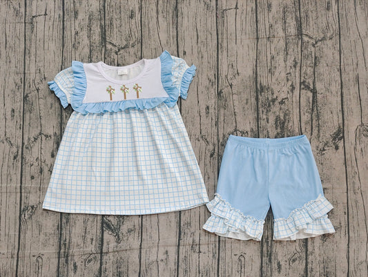 NO MOQ preorder GSSO2718 Embroidered Easter Cross Blue Ruffle Plaid Short Sleeve Shorts Girls Set 202510