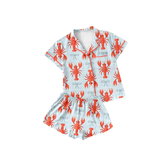 MOQ 8 preorder GSSO2719 Mardi Gras Crayfish Plaid Polo Short Sleeve Shorts Girls Pajamas Set 202510