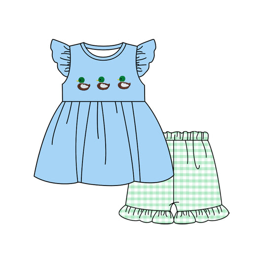 MOQ 8 preorder GSSO2728 Three Ducks Blue Flying Sleeve Green Plaid Shorts Girls Set 202510 Sibling