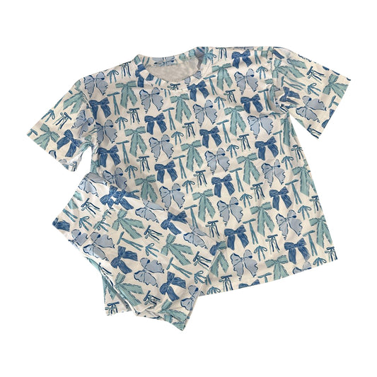 MOQ 8 preorder GSSO2729 Bows Pattern Blue Short Sleeve Shorts Girls Set 202510